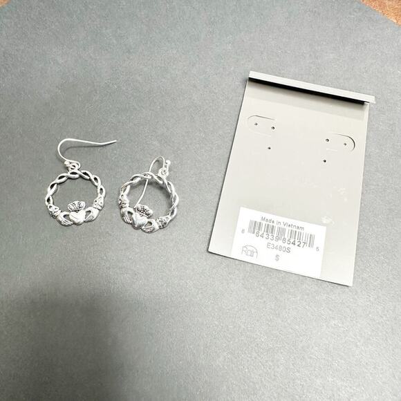 Claddagh Earrings Silver Tone Drop Dangle Irish Earrings - Picture 2 of 5